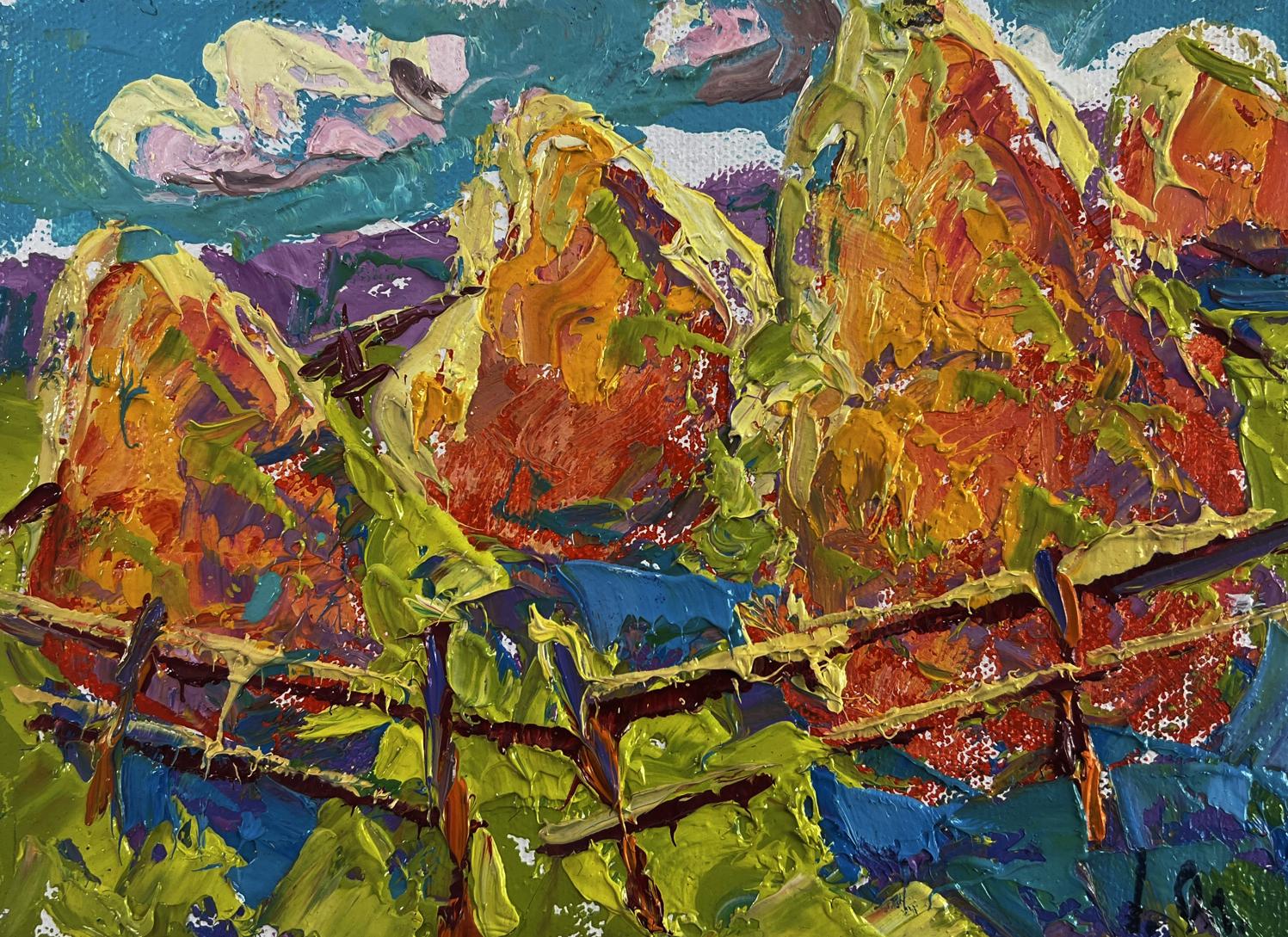 Vibrant impressionist oil painting by Oleksiy Ivanyuk: stacked fruit under blue sky
