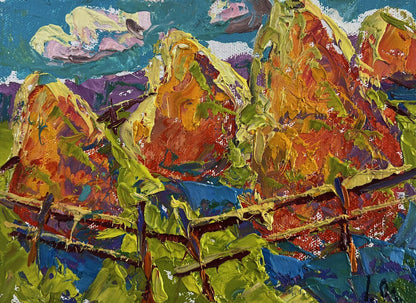Vibrant impressionist oil painting by Oleksiy Ivanyuk: stacked fruit under blue sky