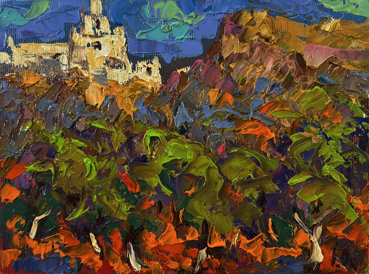 Oil painting of castle on hills by Oleksiy Ivanyuk, A walk through the summer forest