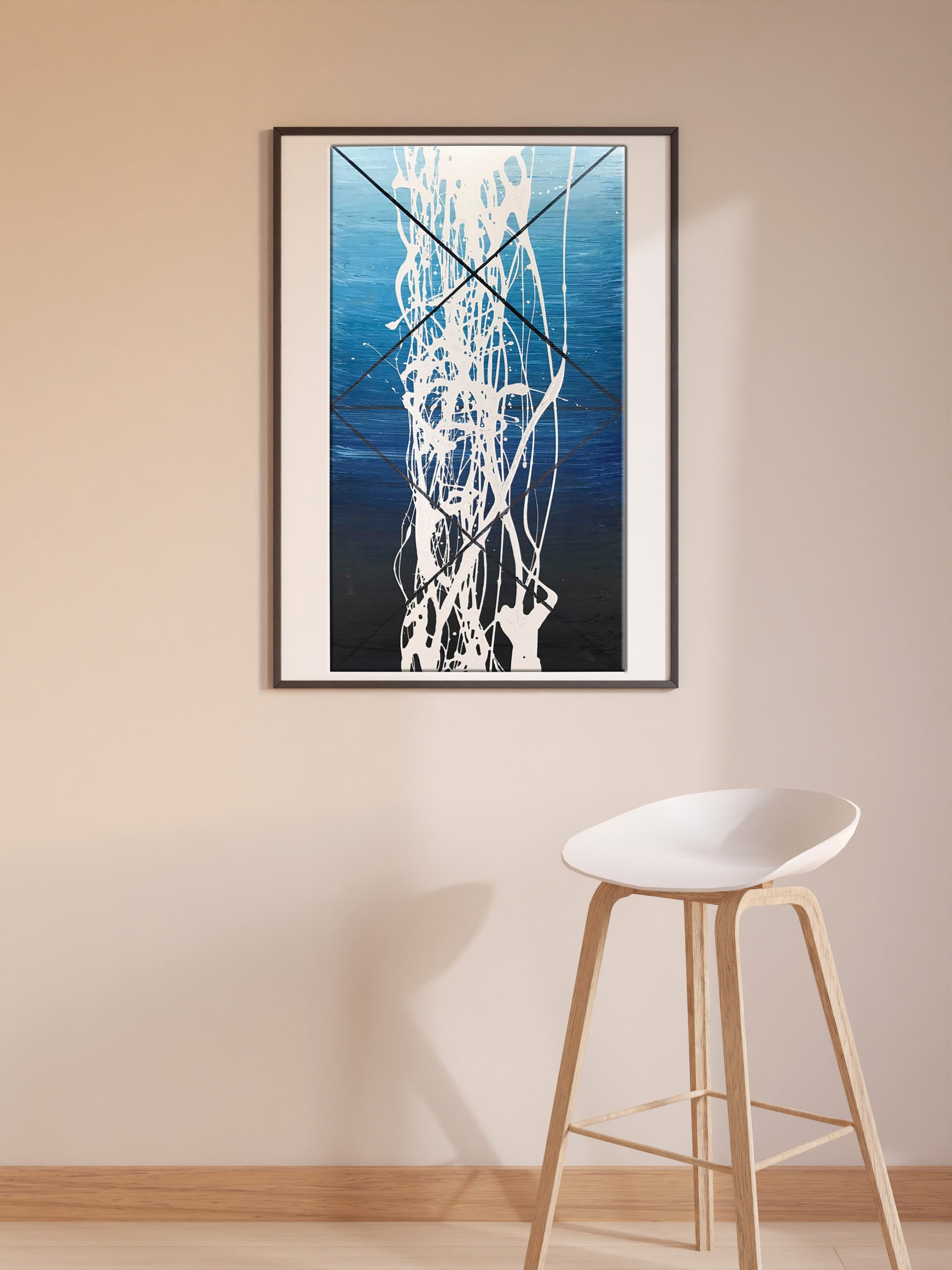 Acrylic painting Energy by Olga Melezhik: white brushstrokes on blue gradient