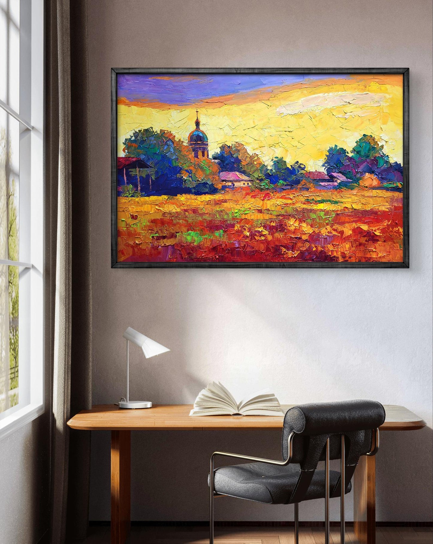 Oil painting Sunset over the village by Boris Serdyuk in black frame
