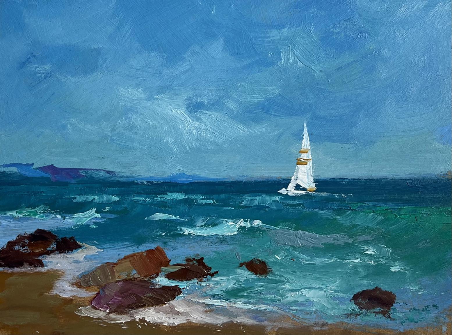 Oil painting of lonely white sailboat with gold trim on turquoise ocean by Yuriy Suprunchuk