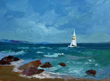 Oil painting of lonely white sailboat with gold trim on turquoise ocean by Yuriy Suprunchuk