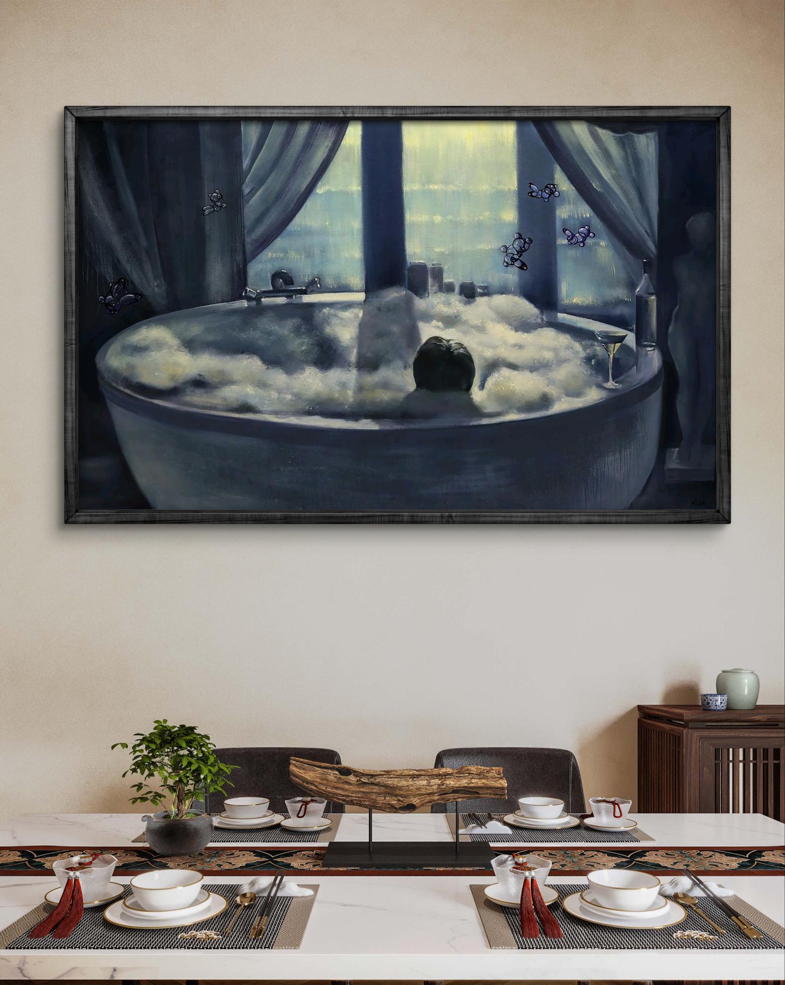Oil painting Taking a warm bath by Igor Konovalov: Bubbly bathtub scene