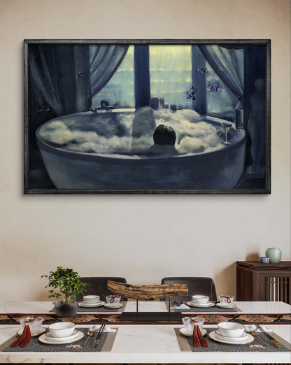 Oil painting Taking a warm bath by Igor Konovalov: Bubbly bathtub scene