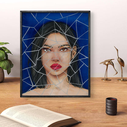 Framed Mosaic Victoria Kagalovska watercolor portrait of dark-haired woman
