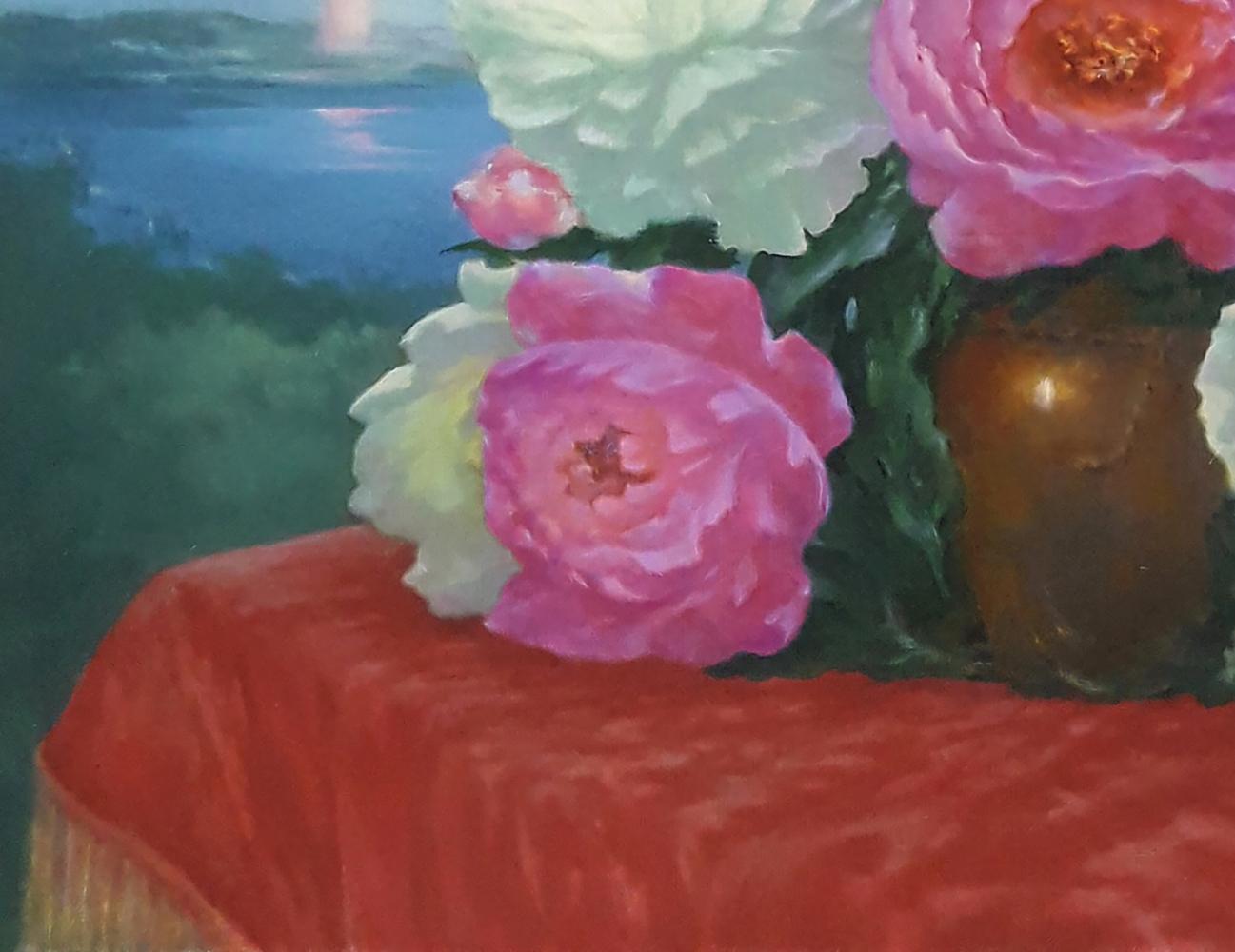 Oil painting Morning Peonies by Vasily Korkishko with pink peonies