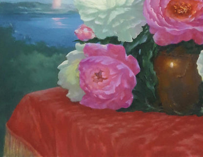 Oil painting Morning Peonies by Vasily Korkishko with pink peonies