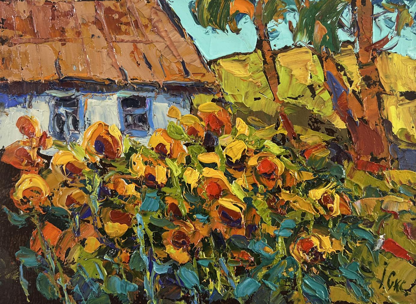 Vibrant yellow sunflowers in Oksana Ivanyuk Oil painting Yellow song of summer