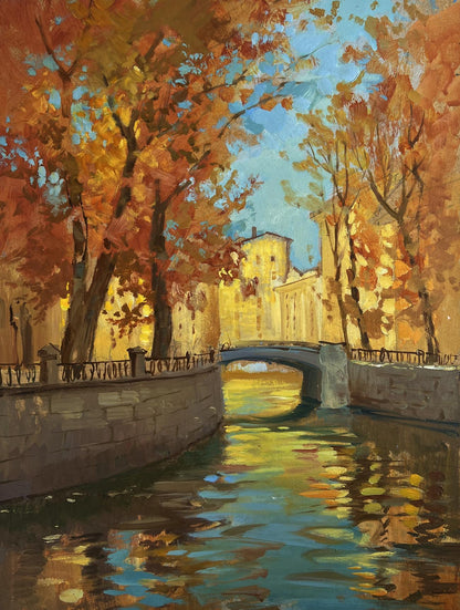 Oil painting Steps on the autumn bridge by Yuriy Suprunchuk