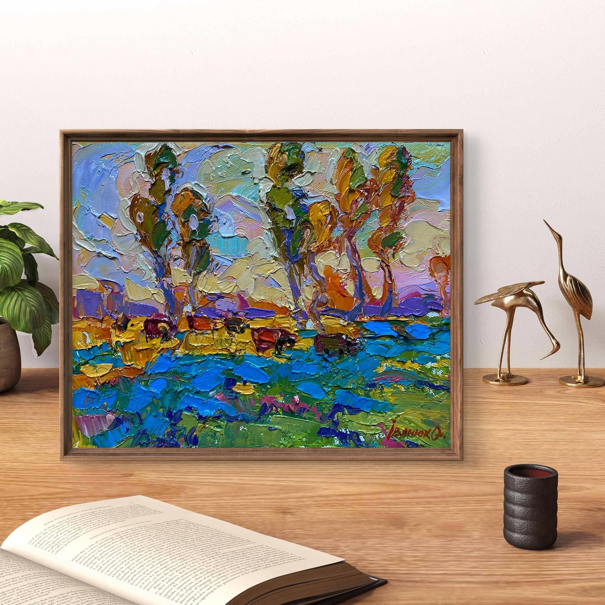 Oil painting Yellow sunset in the field by Oleksiy Ivanyuk in wooden frame