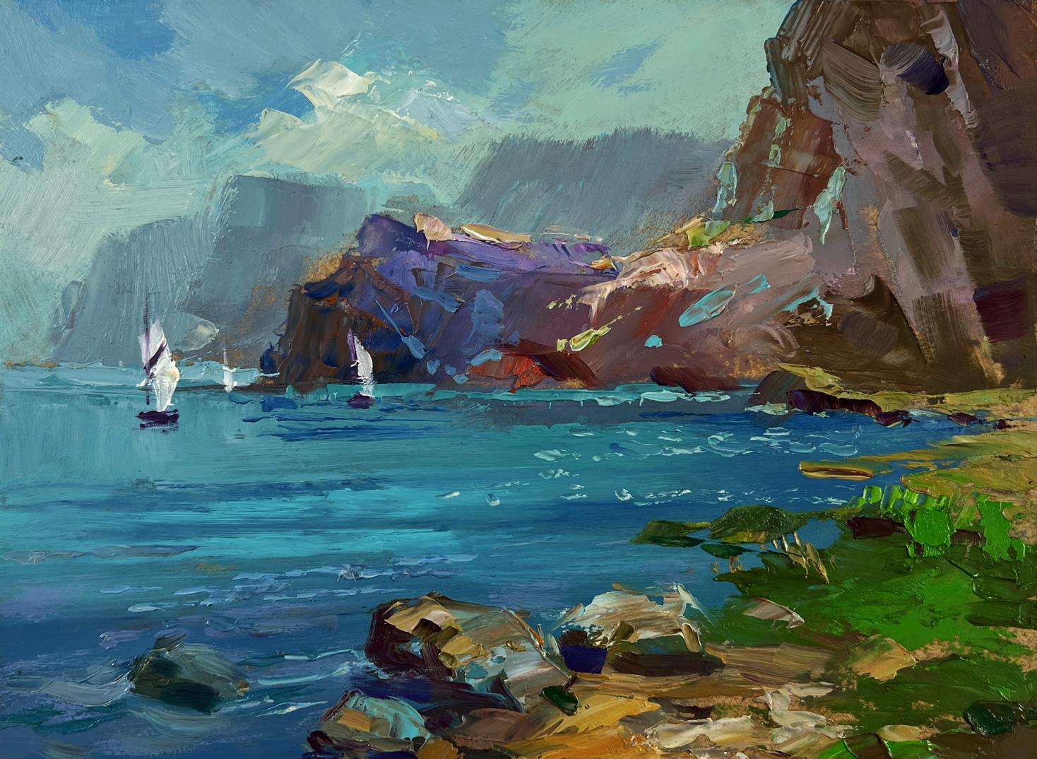 Vibrant oil painting by Yuriy Suprunchuk: sailboats on turquoise sea with cliffs