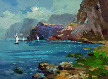 Vibrant oil painting by Yuriy Suprunchuk: sailboats on turquoise sea with cliffs