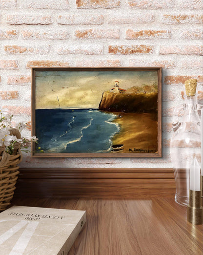 Framed oil painting of lighthouse house on cliff by the sea, unknown artist
