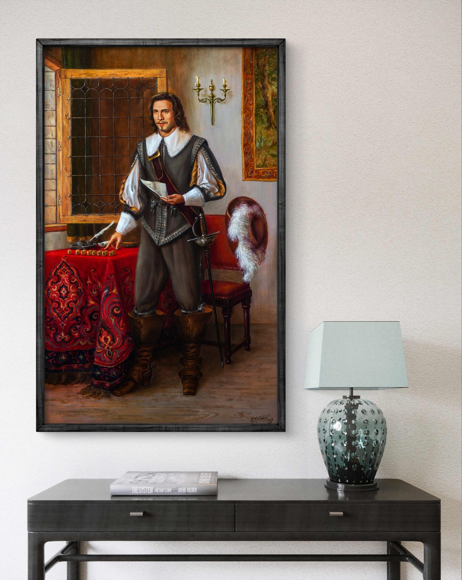 Framed oil painting of Aramis in 17th-century doublet by Valeriy Bulat