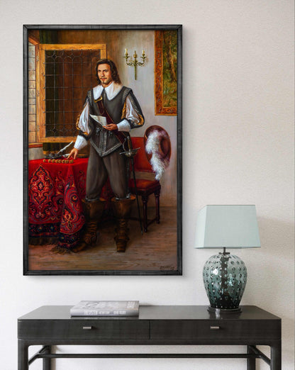 Framed oil painting of Aramis in 17th-century doublet by Valeriy Bulat