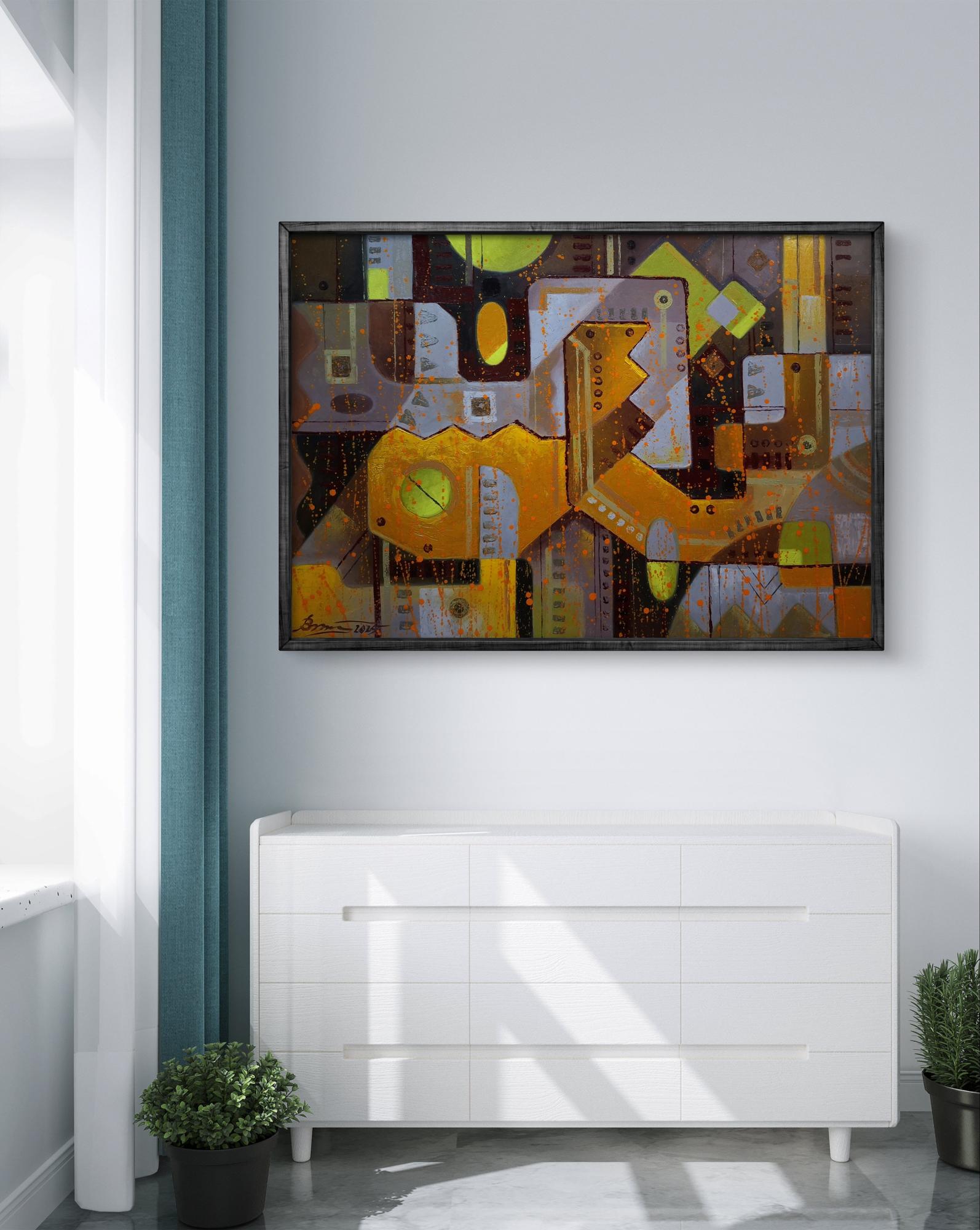 Oil painting Industrial era Sergiy Voichenko abstract geometric art in black frame