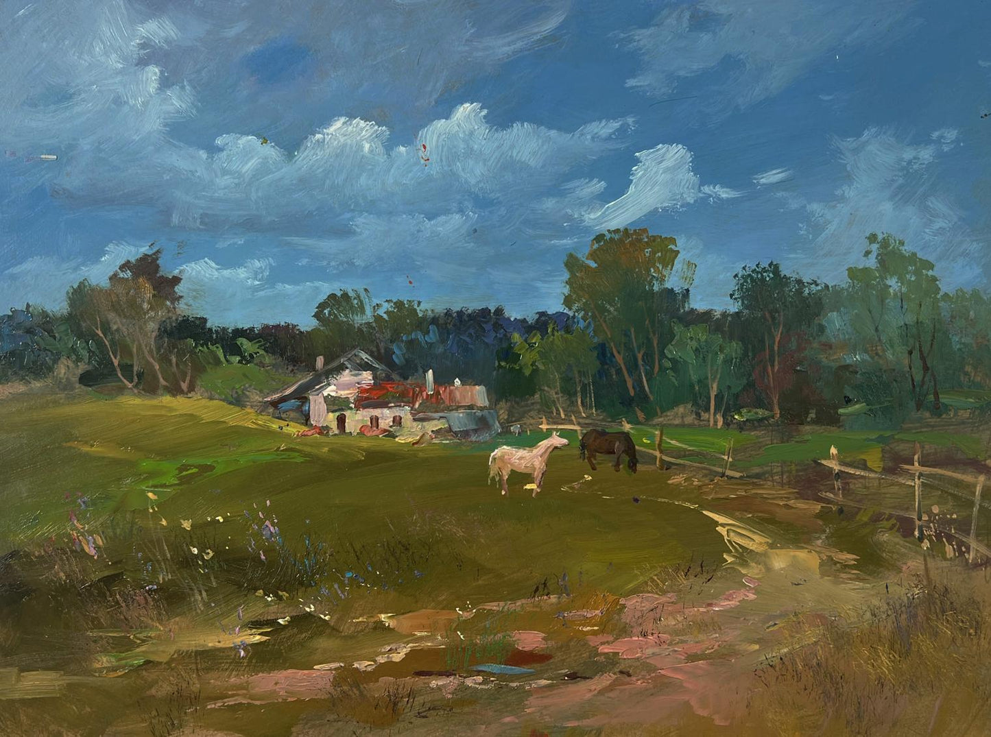 Rustic red farmhouse with horses by Yuriy Suprunchuk oil painting