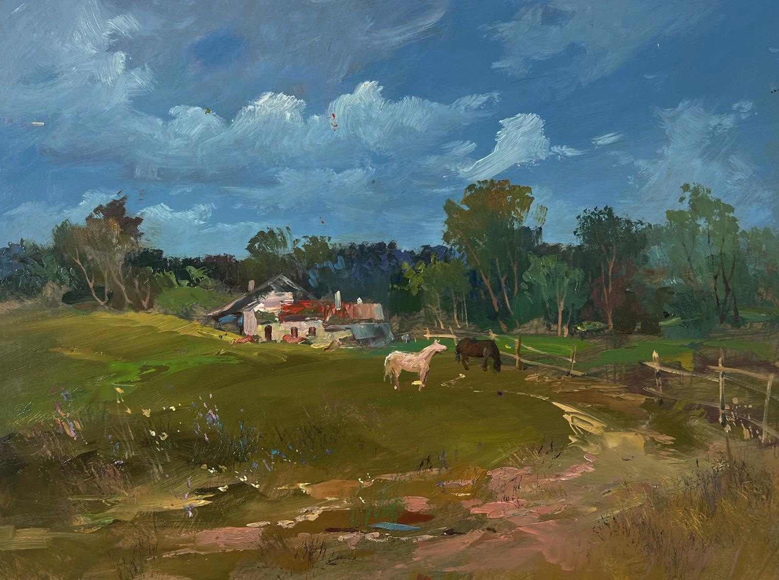 Rustic red farmhouse with horses by Yuriy Suprunchuk oil painting