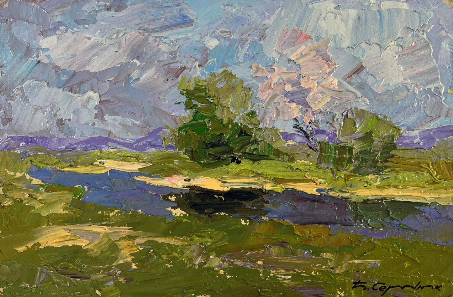 Textured impressionist oil painting by Boris Serdyuk of sunny green fields, blue waterway, cloudy sky