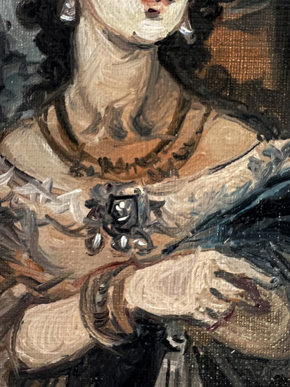 Oil painting portrait of noble woman with ornate black gem brooch by Alexander Litvinov