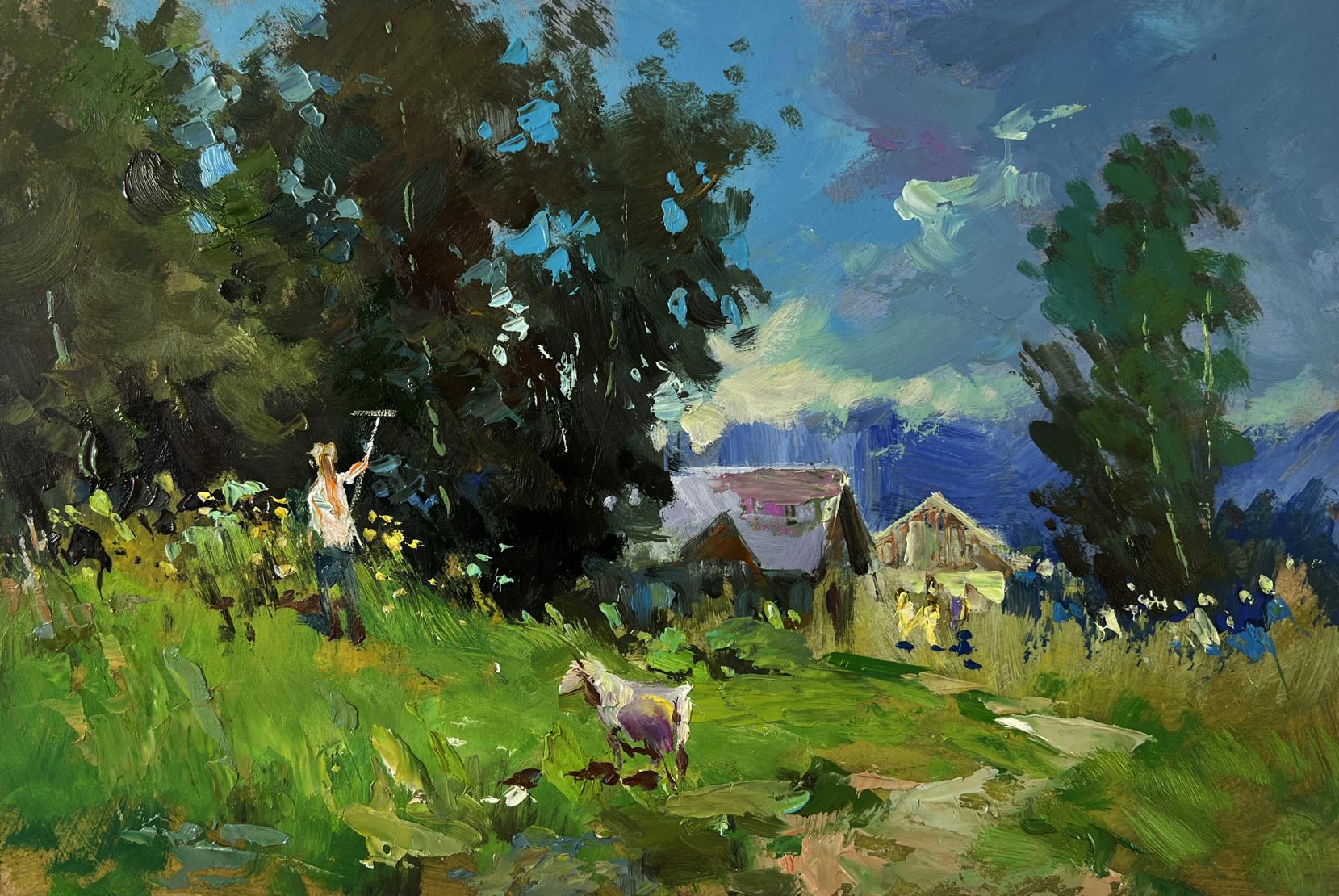 Vibrant impressionist oil painting The village beyond the forest by Yuriy Suprunchuk