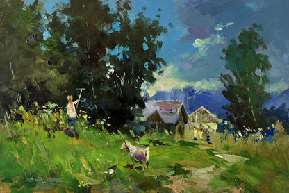 Vibrant impressionist oil painting The village beyond the forest by Yuriy Suprunchuk