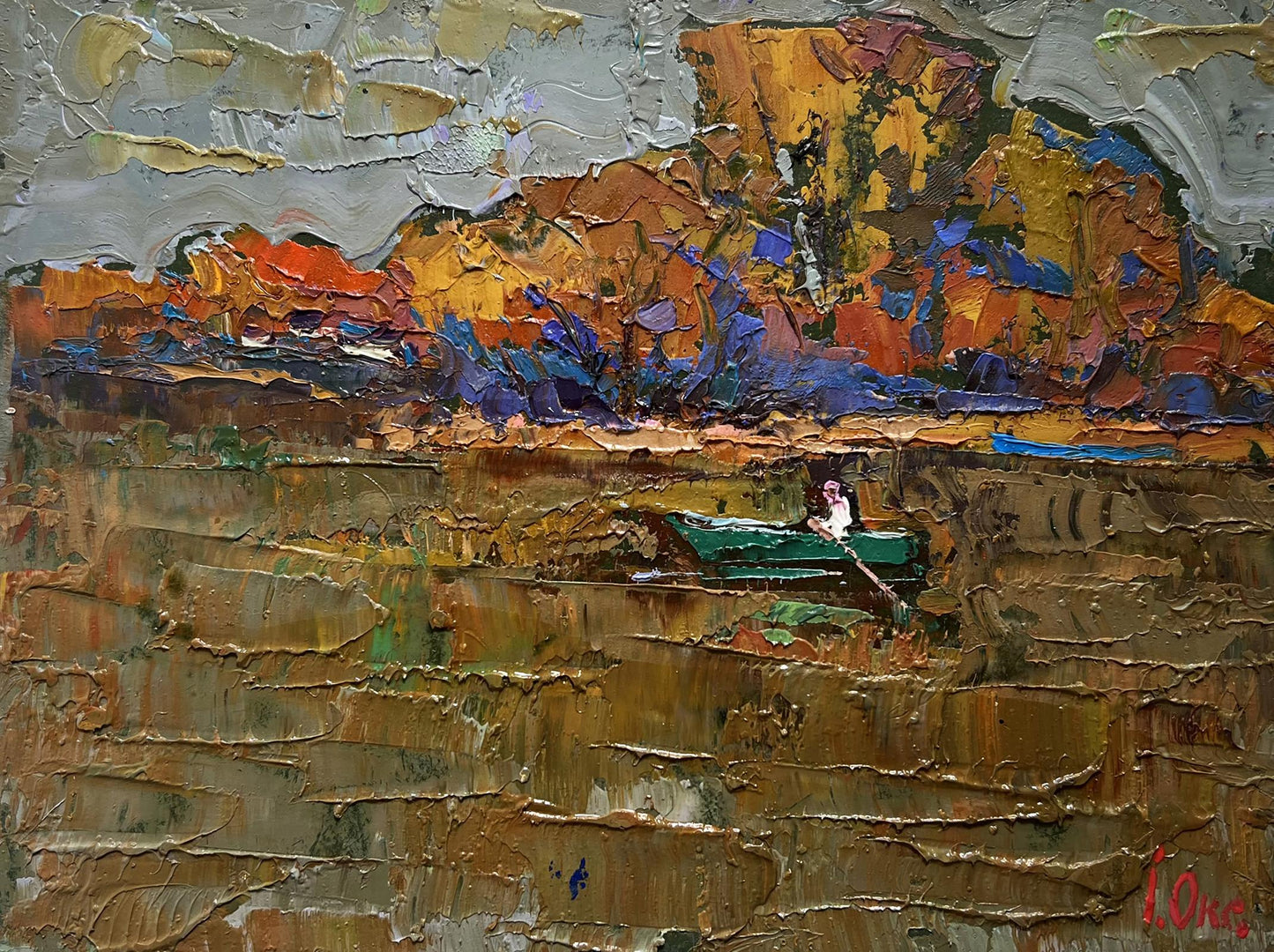 Oil painting Autumn Evening Silence by Oksana Ivanyuk with green boat