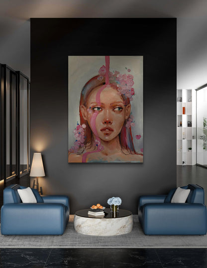 Oil painting Pink rain by Victoria Kagalovska with pink blue hair woman