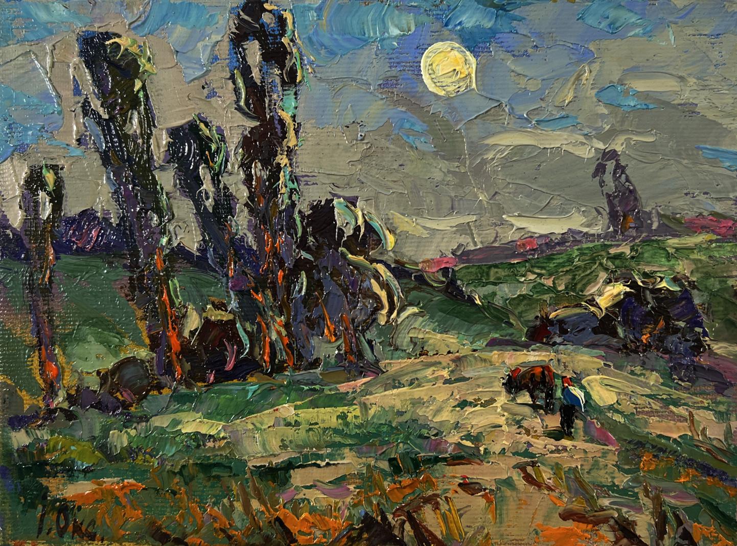 Oil painting Moonlight night by Oksana Ivanyuk: moonlit landscape with trees