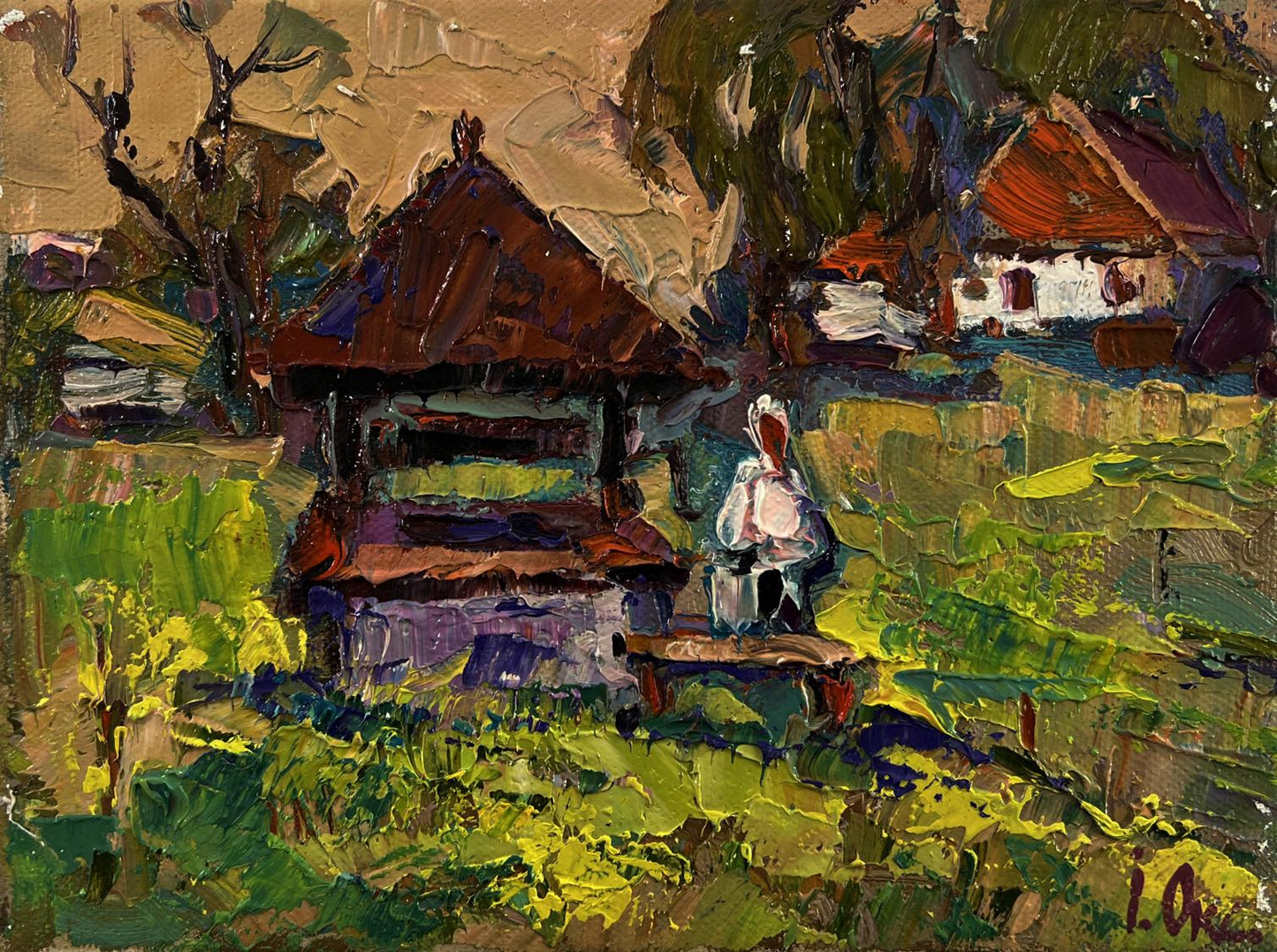 Oil painting of rustic wooden well by Oksana Ivanyuk with purple accents
