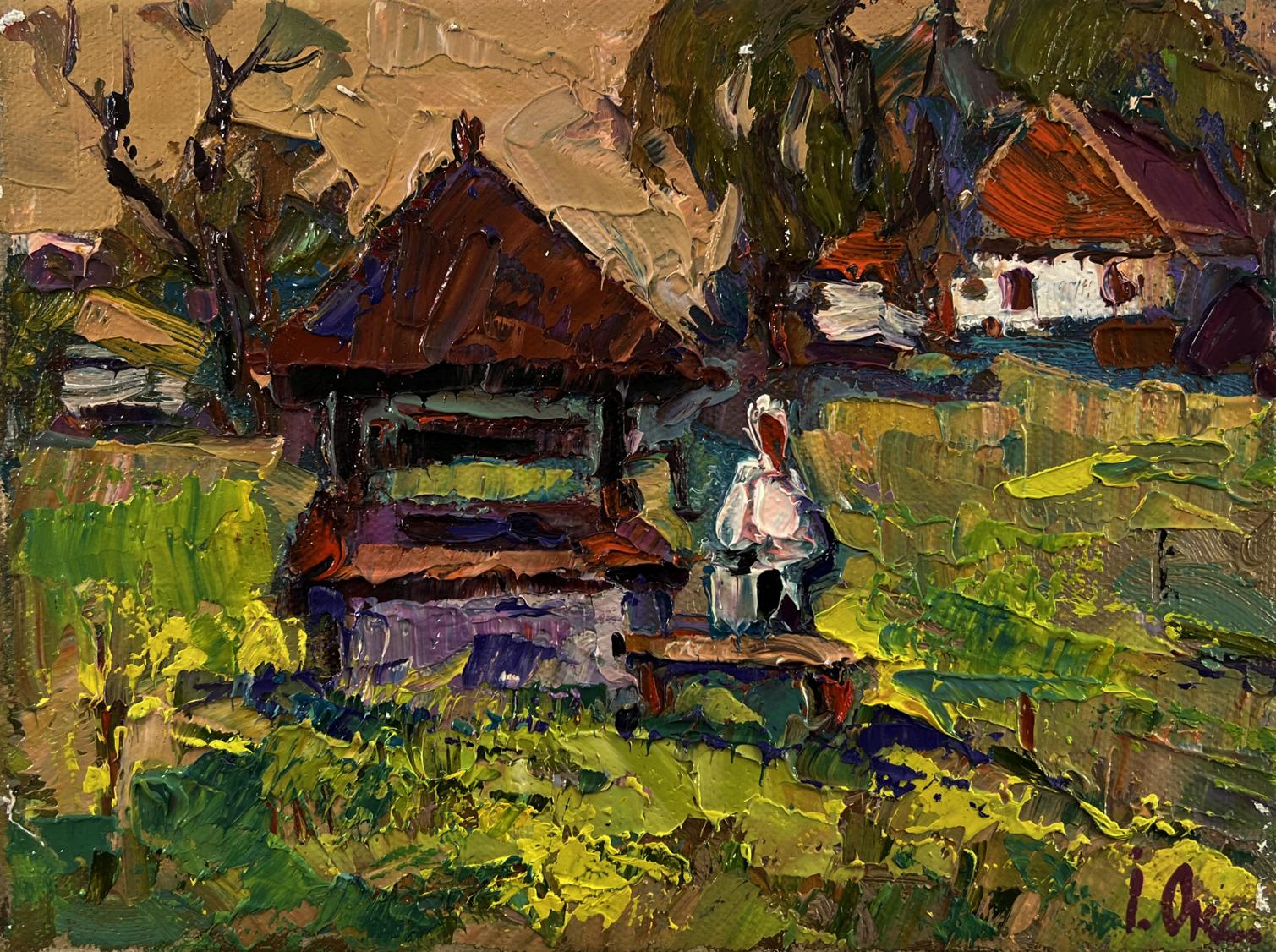 Oil painting of rustic wooden well by Oksana Ivanyuk with purple accents