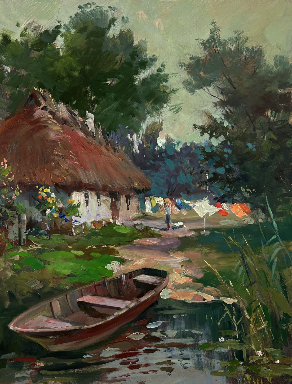 Oil painting of rustic rowboat on calm water by Yuriy Suprunchuk