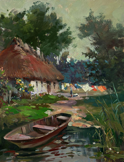 Oil painting of rustic rowboat on calm water by Yuriy Suprunchuk