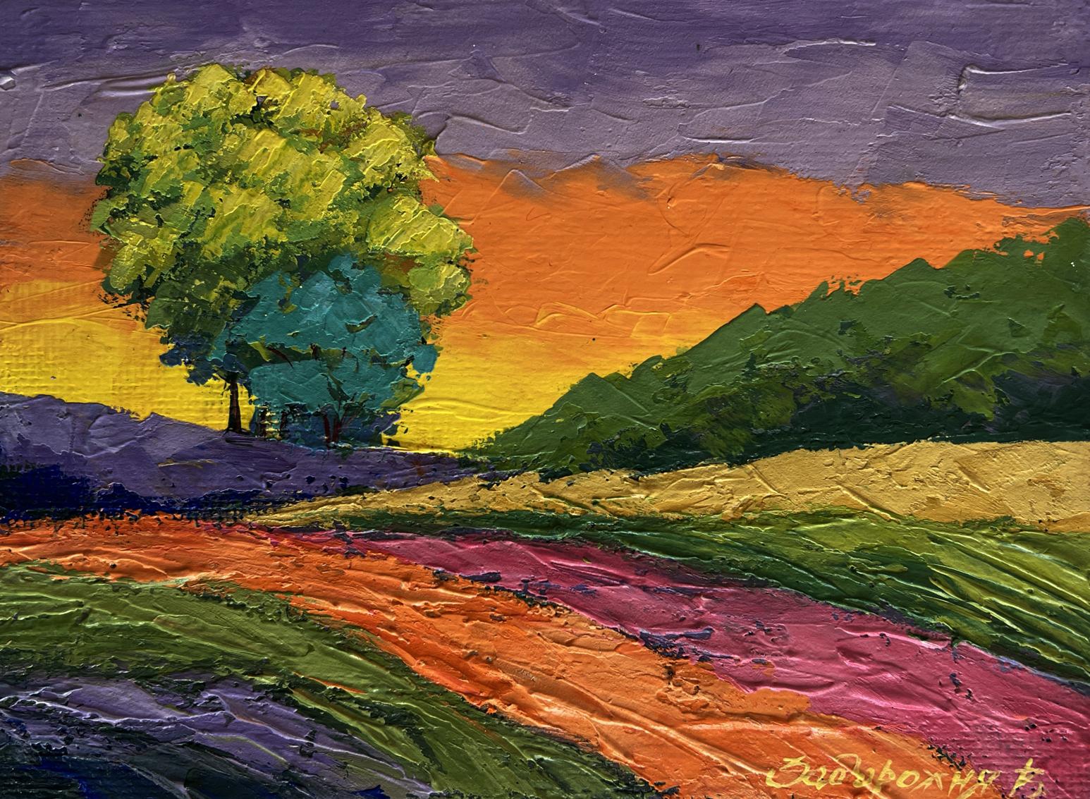 Vibrant impressionist oil painting of forest tree at sunset by V. Zadorozhnya