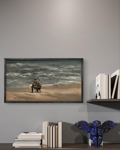 Oil painting Alone on the beach by Volodymyr Pashchenko in dark wooden frame