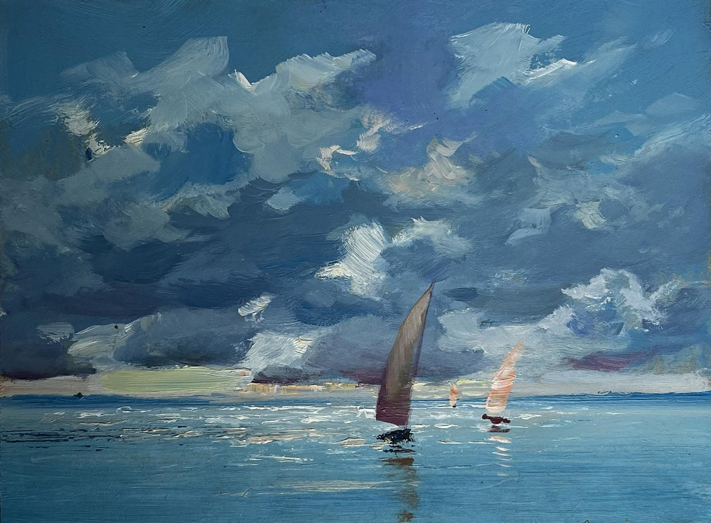 Serene oil painting of sailboats on calm waters, sun behind clouds by Yuriy Suprunchuk