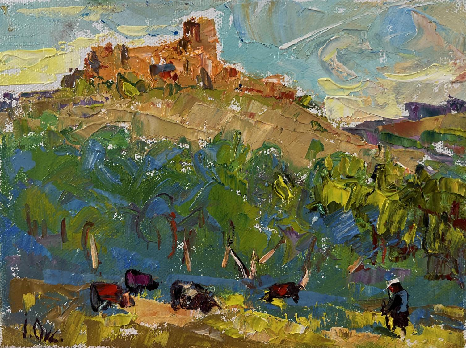 Vibrant impressionist oil painting by Oksana Ivanyuk of hillside village with cattle