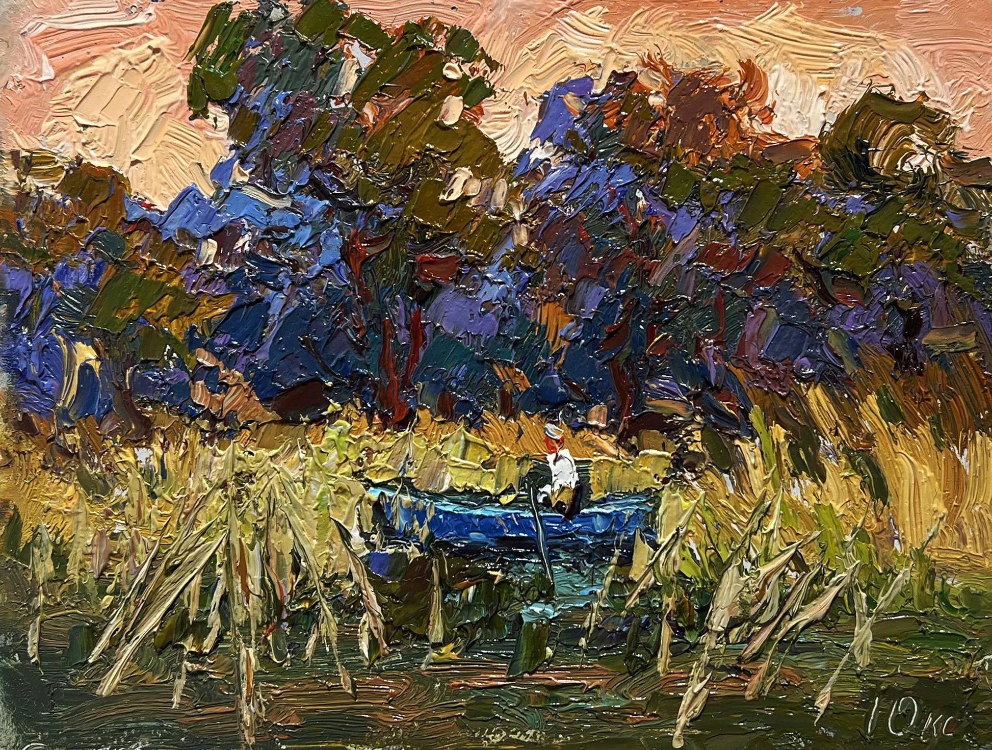 Vibrant impressionist oil painting On a boat among the reeds by Oksana Ivanyuk