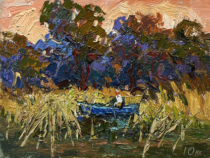 Vibrant impressionist oil painting On a boat among the reeds by Oksana Ivanyuk