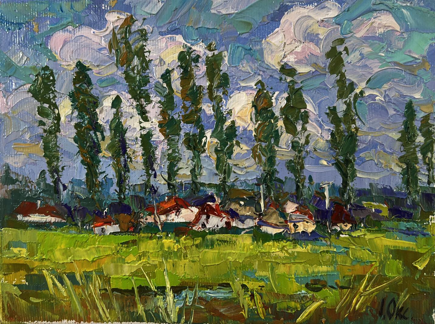 Oil painting Clouds over the village by Oksana Ivanyuk with green trees and rooftops