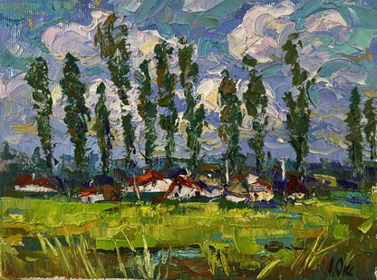 Oil painting Clouds over the village by Oksana Ivanyuk with green trees and rooftops