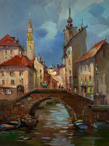 Vibrant impressionist oil painting of European canal town by Yuriy Suprunchuk