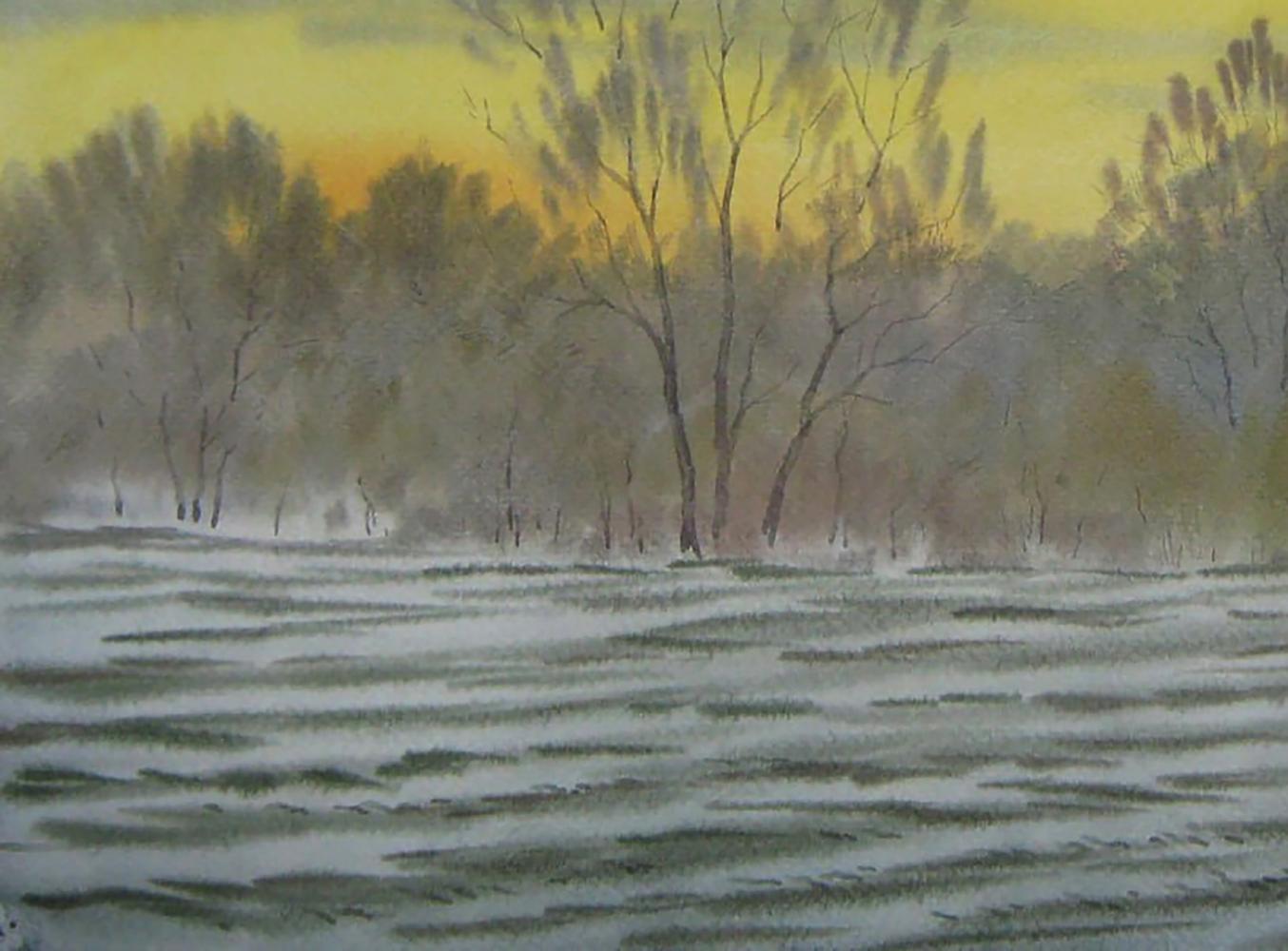 Watercolor painting of snowy field with bare trees by Valery Savenets