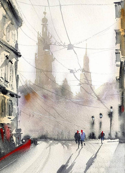 Watercolor painting Winter Morning in the City Olena Klimenko