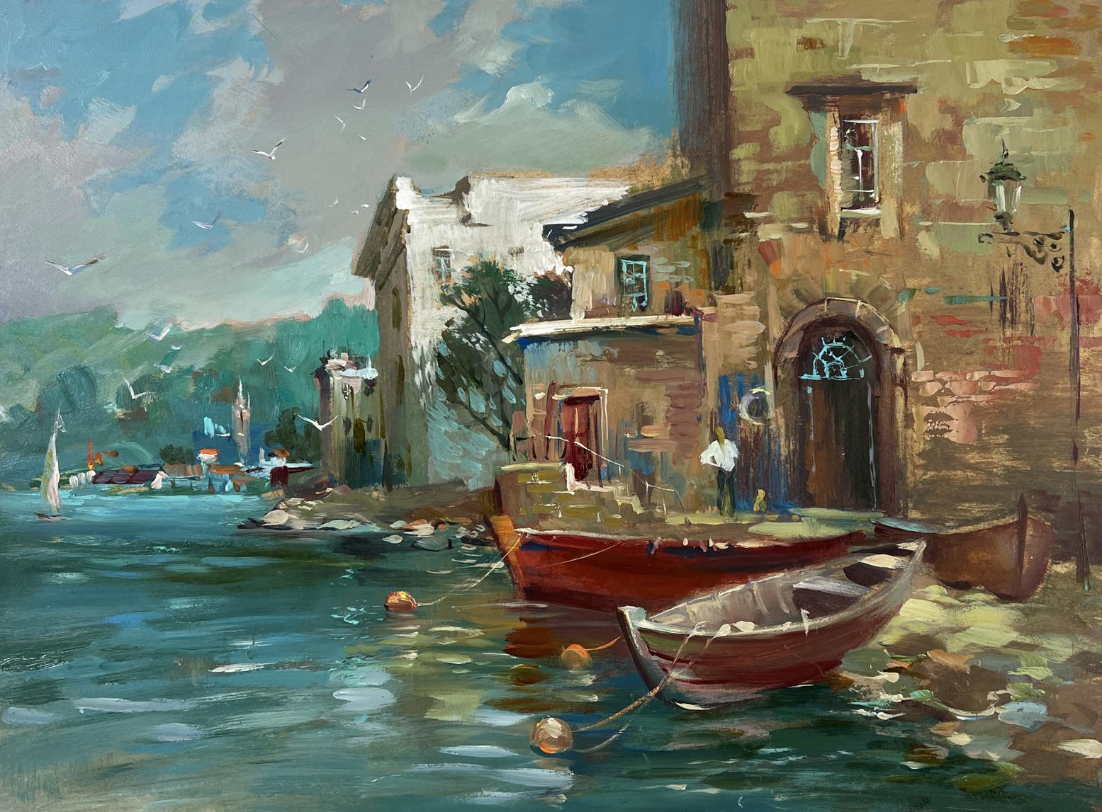 Oil painting of rustic red rowboat moored by pier in evening colors by Yuriy Suprunchuk