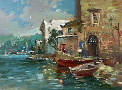 Oil painting of rustic red rowboat moored by pier in evening colors by Yuriy Suprunchuk