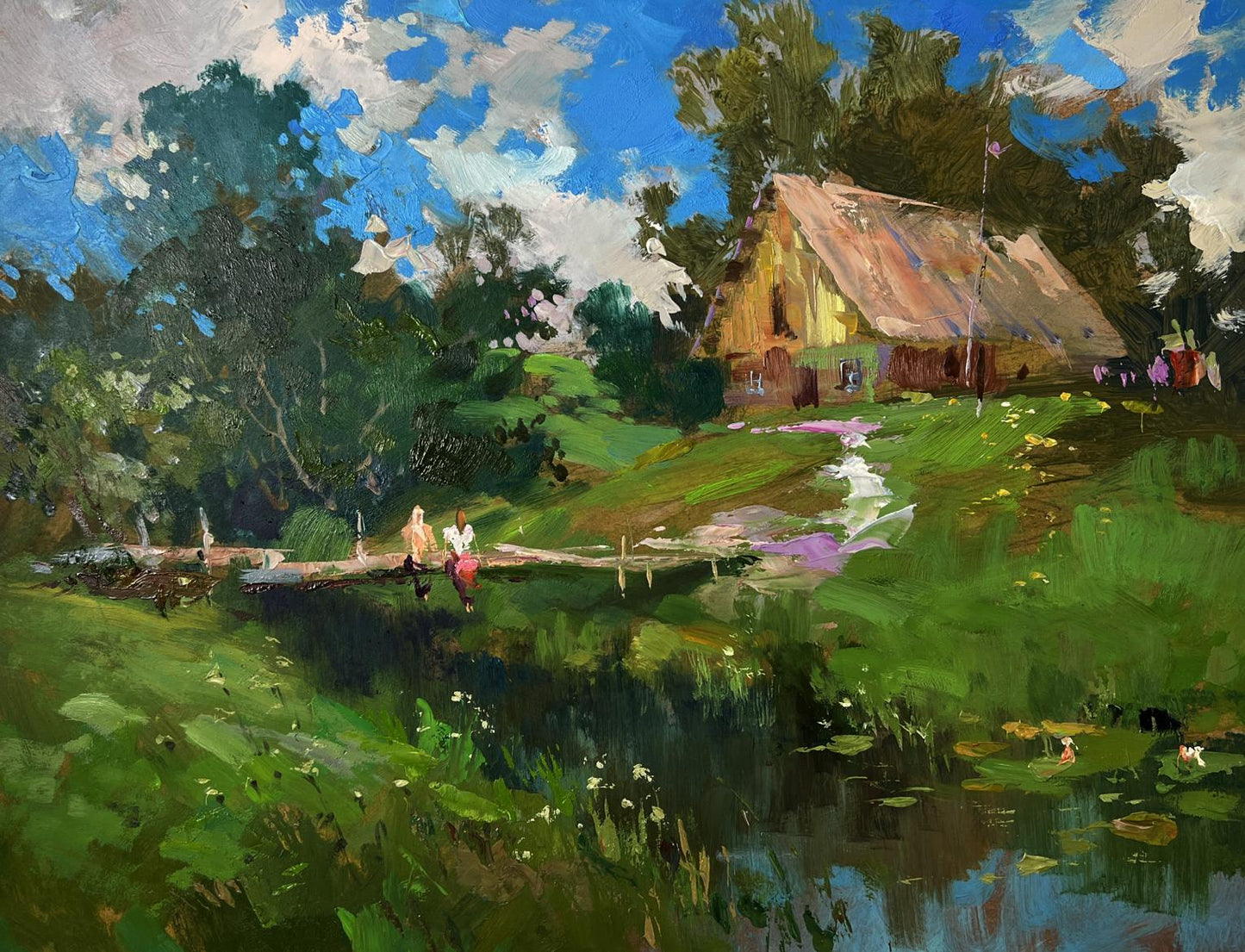 Oil painting of rustic thatched cottage in lush trees by Yuriy Suprunchuk