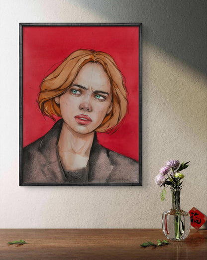 Framed watercolor portrait Mistrust by Victoria Kagalovska, blonde woman green eyes red background