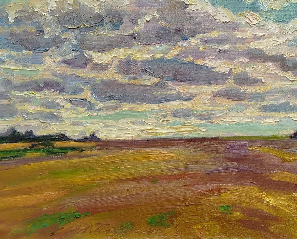 Oil painting On a July day by Leonid Pavlenko, textured field under dramatic sky
